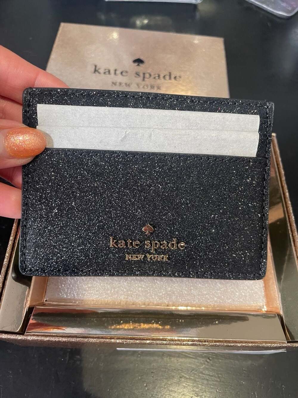 Kate Spade Glimmer Boxed Small Slim Cardholder Black Glitter KE448 NWT - Picture 3 of 9